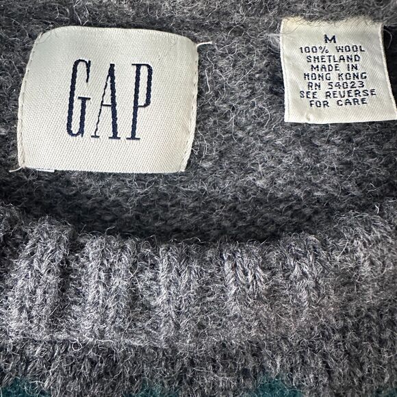 Vintage Gap Sweater Men's Medium Gray Nordic 100% Shetland Wool Crew Pullover - Picture 6 of 10